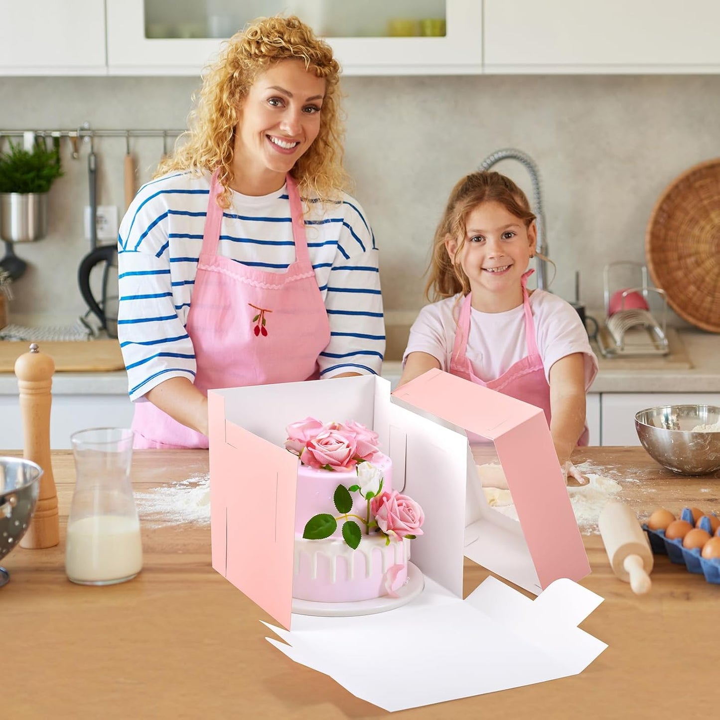 12Pcs Cake Boxes, 10x10x10 Inches Tall Cake Boxes with Window, Pink Disposable Tier Cake Containers for Pastries, Pie, Cookies, Chocolates, Cupcakes, Birthday Party, Wedding Bakery Boxes