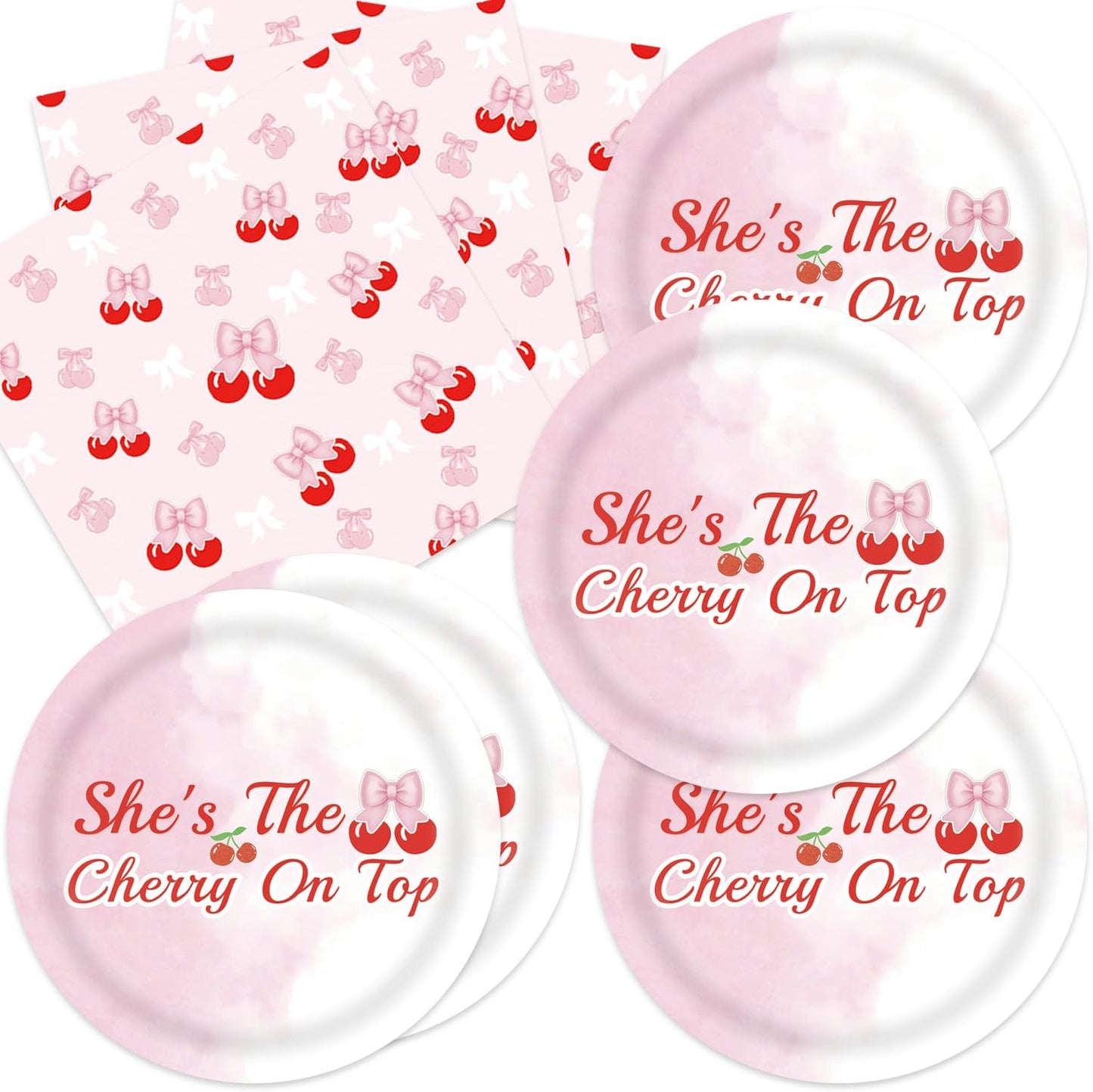 40pcs Cherry Birthday Decorations Bow Cherry Themed Plates and Napkins for Fruit Cherry Theme Birthday Baby Shower Table Decorations,for 20 Guests