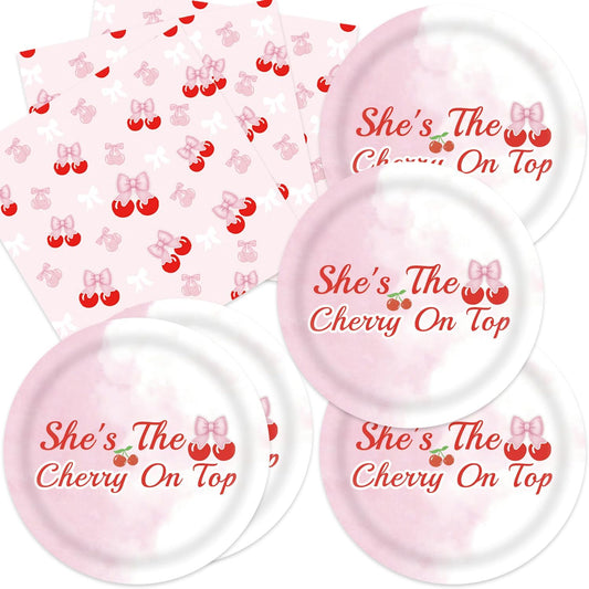 40pcs Cherry Birthday Decorations Bow Cherry Themed Plates and Napkins for Fruit Cherry Theme Birthday Baby Shower Table Decorations,for 20 Guests