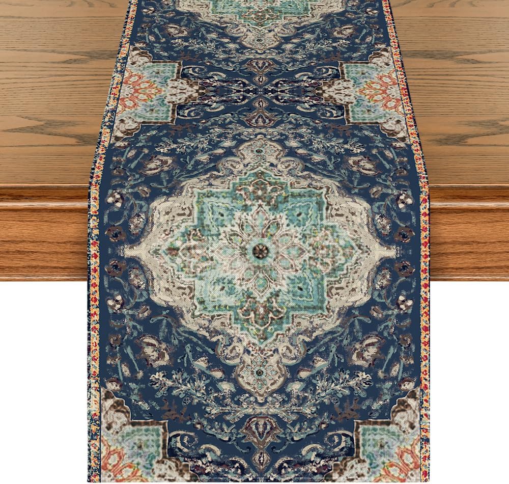 Artoid Mode Boho Bohemia Style Blue Table Runner, Country Rustic Farmhouse Magical Winter Kitchen Dining Table Decoration for Home Party Decor 13x72 Inch