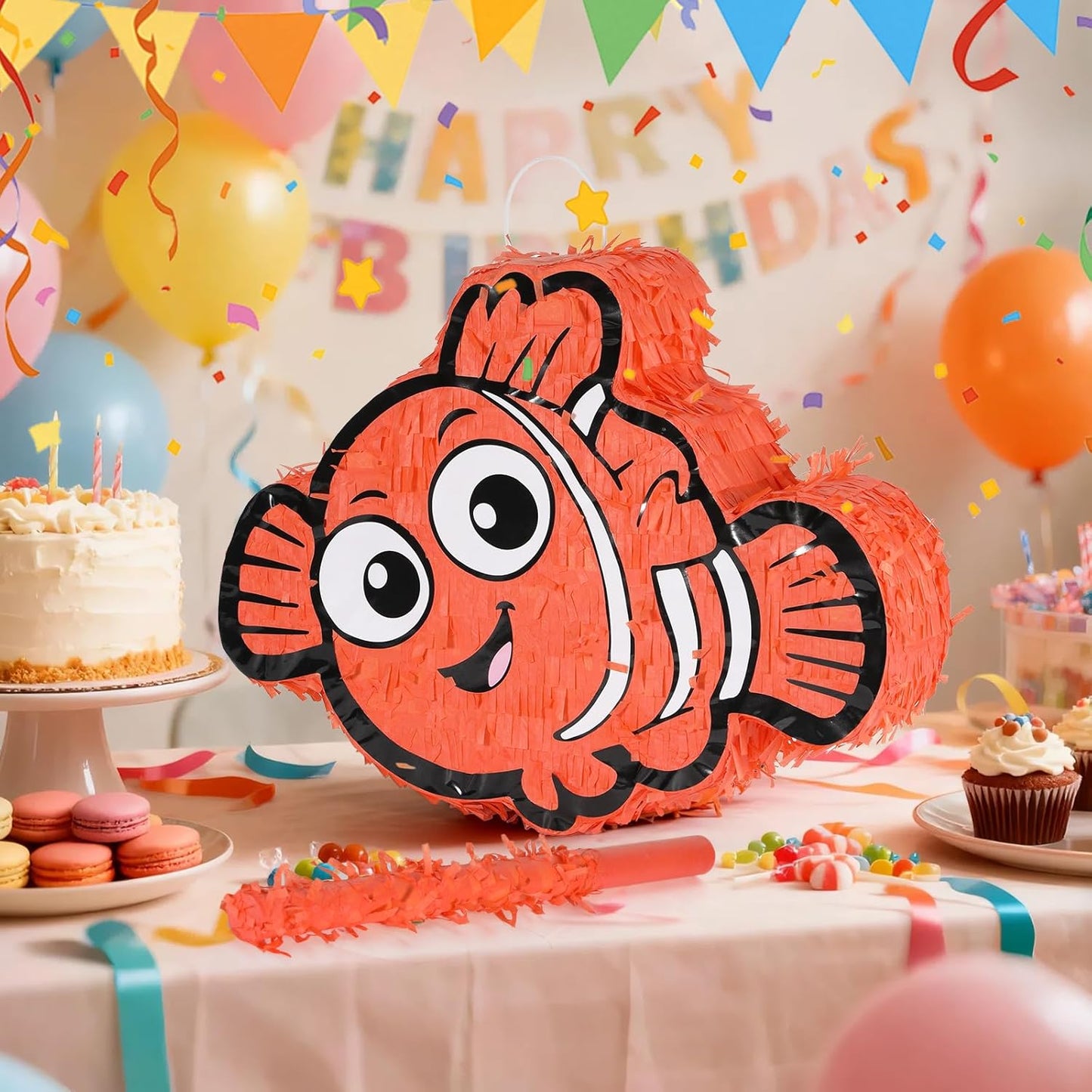 Nemo Pinatas Bundle with a Blindfold and a Bat(16.5 x 12.6 x 4 Inches), Perfect for kid's Birthday Parties, Mexican Theme Parties, Decorations