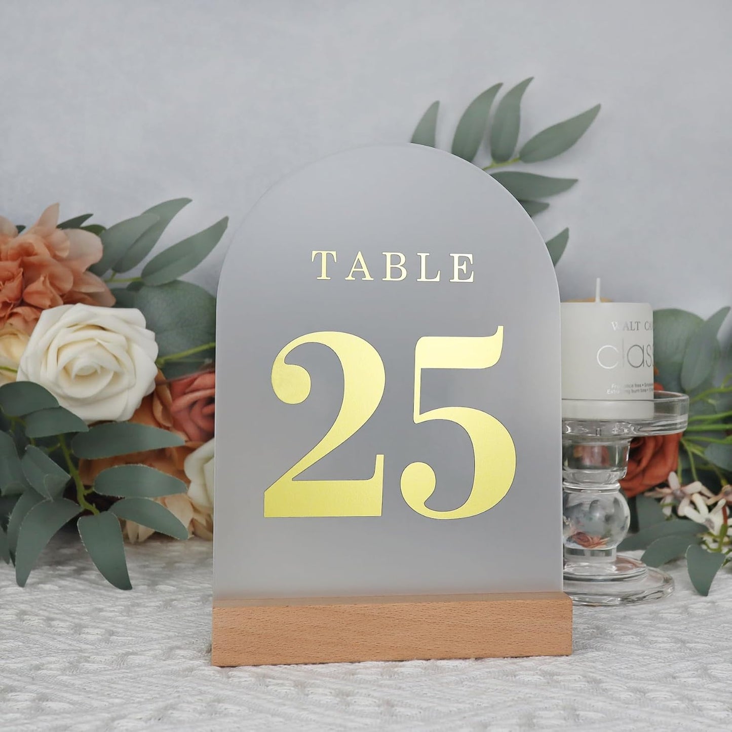 Wedding Table Numbers 1-25, Acrylic Arch Signs with Natural Wood Stands Holders, Rustic Table Decor for Reception & Parties (Frosted Gold)