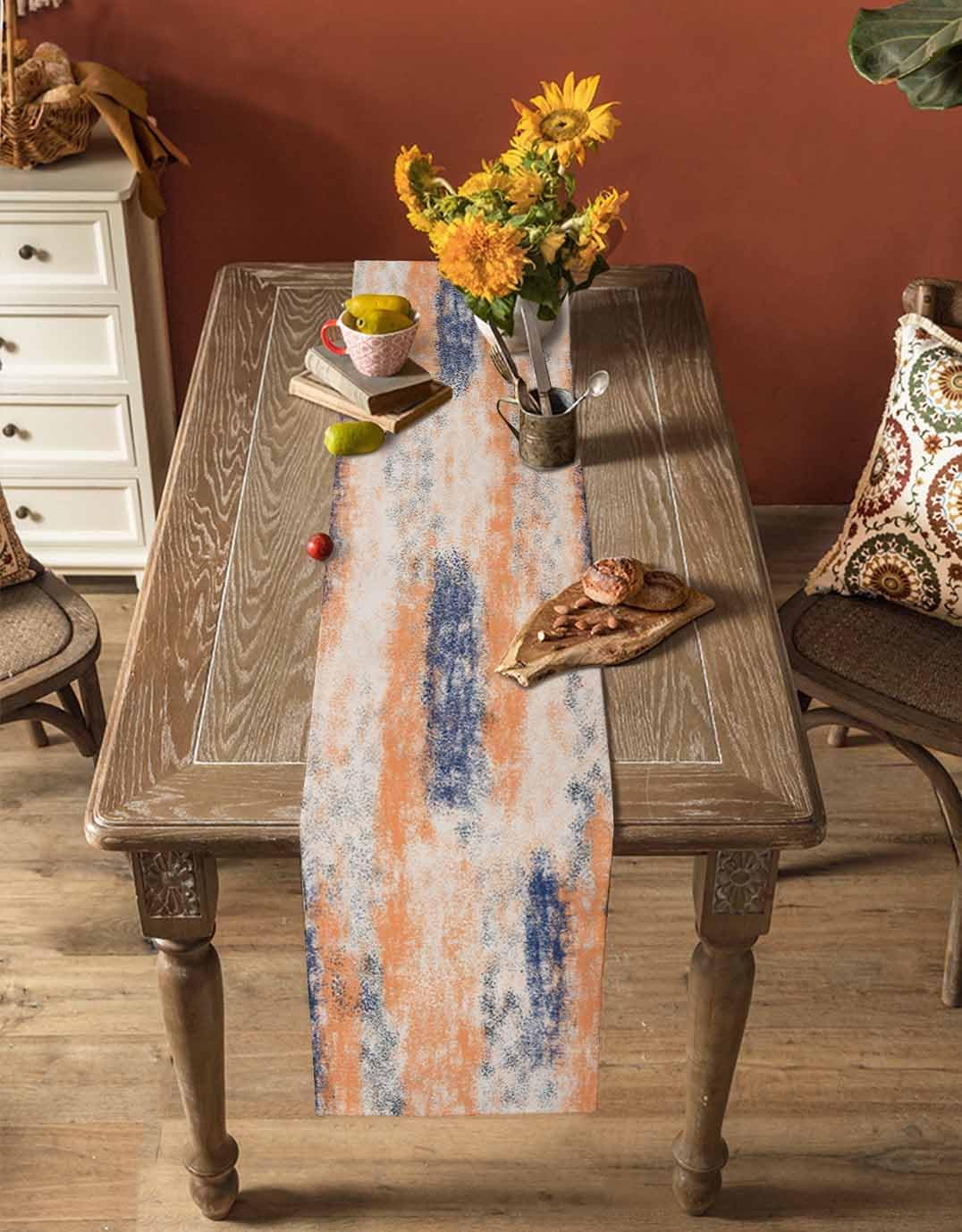 Vintage Oil Painted Cotton Linen Table Runner for Dining Kitchen, Wedding Outdoor Party Tablerunners Decoration, Abstract Modern Orange Minimalist Dresser Scarf Coffee Tablecloth Runners 13x36 Inches