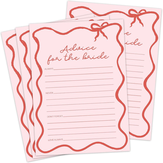 DEEKA 30 PCS Bridal Shower Games Card for 30 Guests Pink Wavy Border Ribbon Bow Funny Wedding Bachelorette Party Games for Reception (Advice for The Bride)
