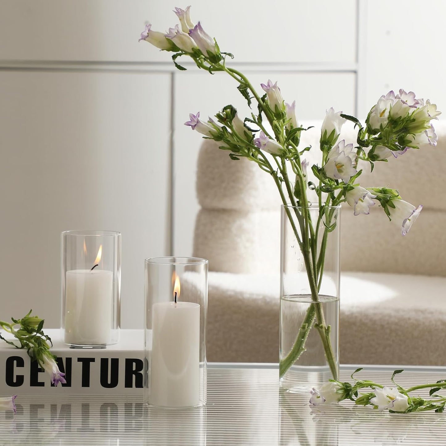 UDU Set of 6 White Pillar Candles and 6 Glass Cylinder Vases Hurricane Holders, Slim Pillar Candle Holder, Cylinder Vases for Centerpieces Wedding Table Party Home Decor(2.6" X 4.7", 5.9", 7.9")