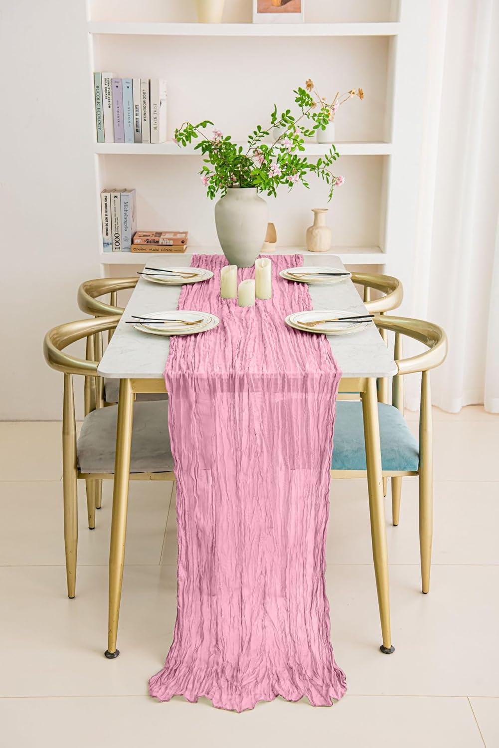 8 Pack 10Ft Table Runner 35x120 inch Pink Boho Gauze Table Cheese Cloth Long Wrinkled Sheer Table Runner for Wedding Bridal Shower Birthday Party Table Decor