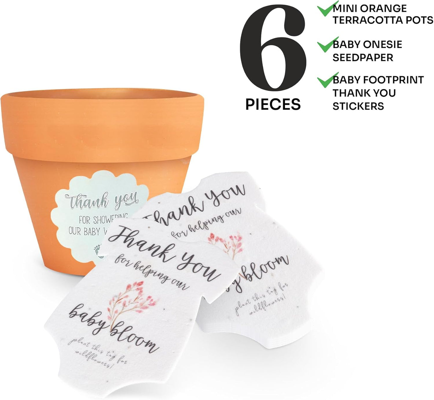 Set of 6 Seed Paper – 6 Pink Onesie & 6 Orange Pots with Stickers for Baby Shower, Gender Reveal, Birthday, Mother's Day & Other Milestone Celebrations