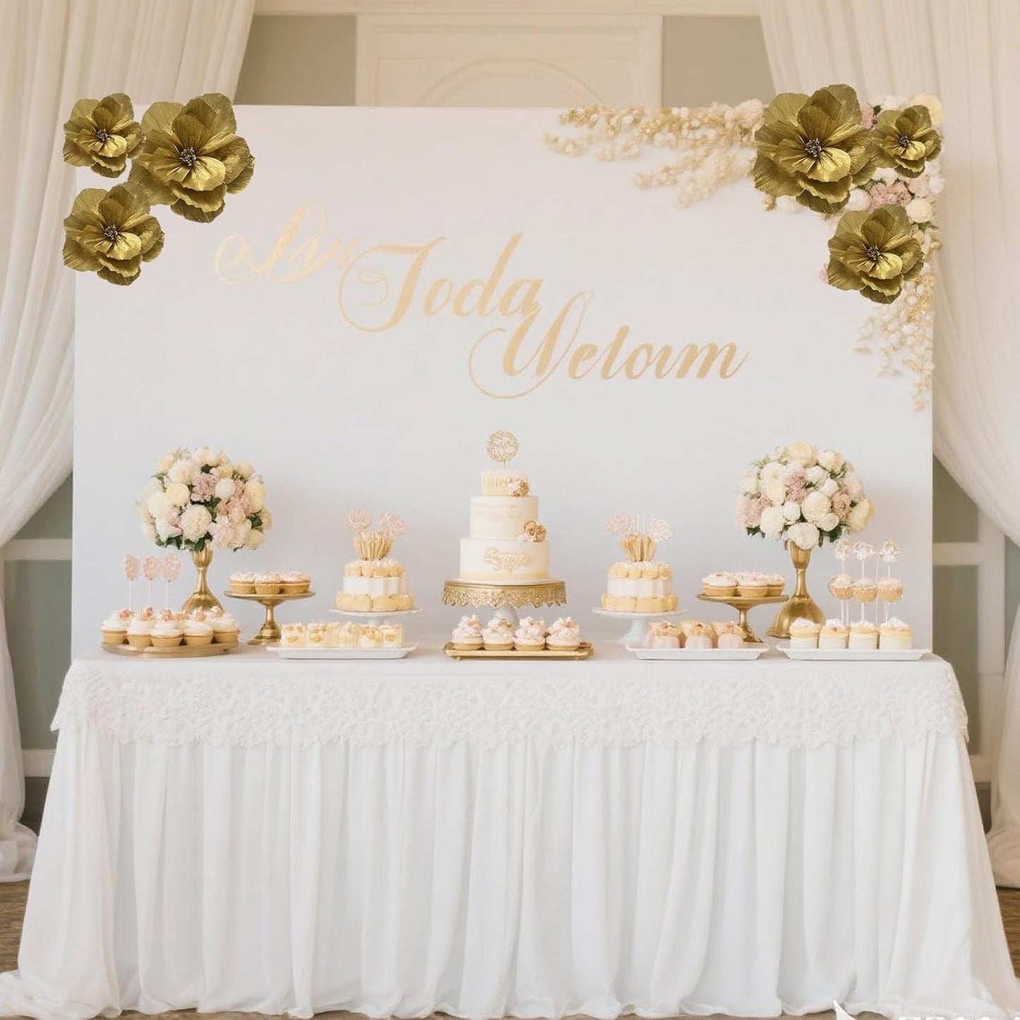 BRT Bearingshui Crepe Paper Flowers Decoration for Wall Total 6 Pcs, Artificial Flowers for Wedding Decor,Flower Backdrop Decor, Baby Bridal Shower Birthday Party, Gold 3D Wall Flowers Decor