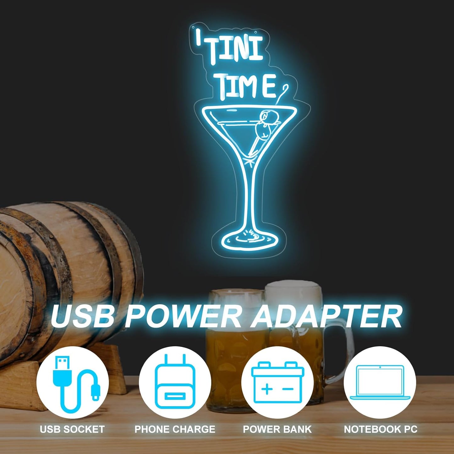 Tini Time LED Neon Sign, Martini Neon Sign for Bars, Elegant Cocktail Glass Neon, Martini Cocktail Bar Wall Decor, Bar Wall Art, Pub neon, 16.5"x8.7", Ice Blue