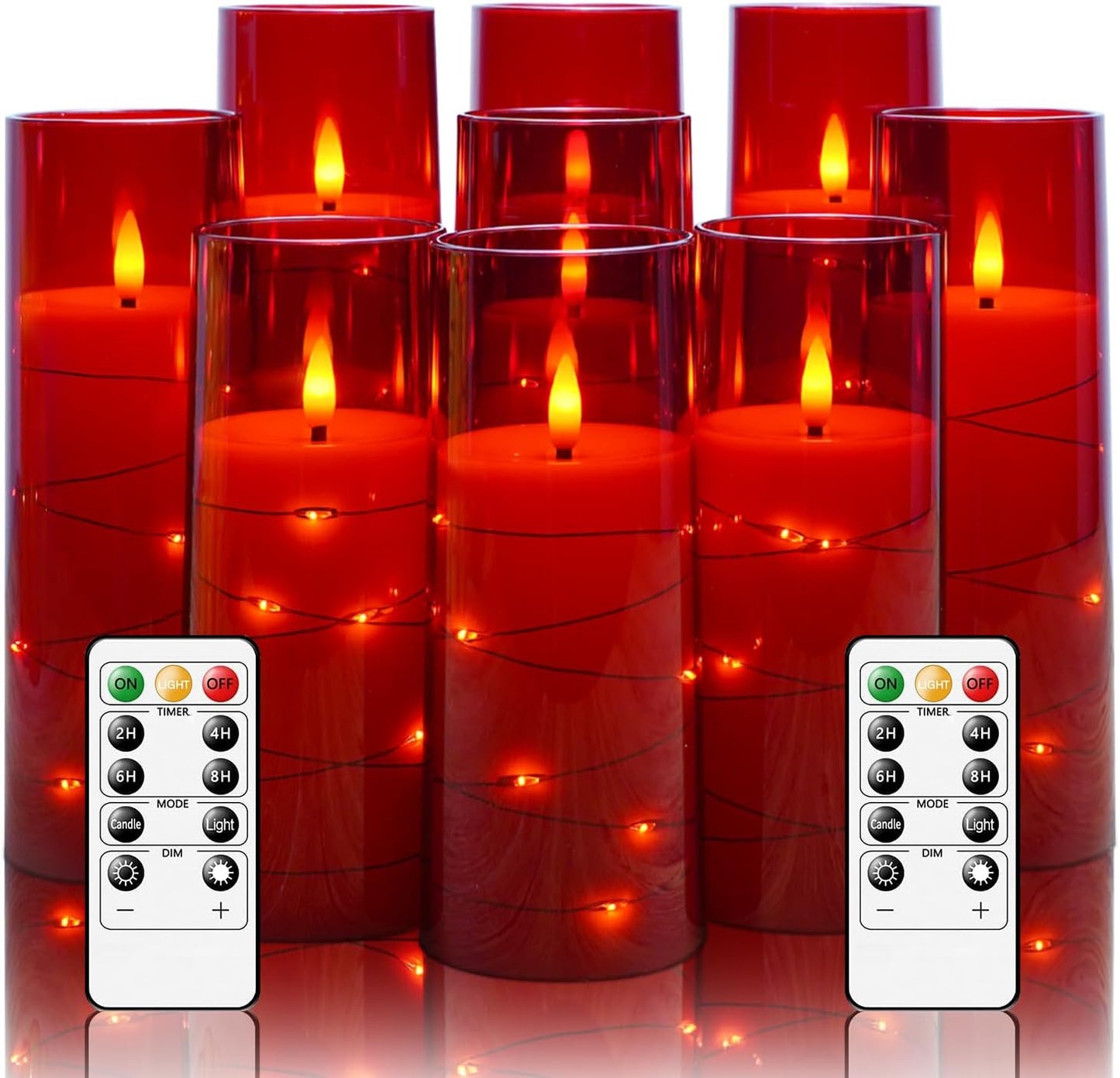 Flameless LED Candles with Timer 9 Pc Flickering Flameless Candles for Romantic Ambiance and Home Decoration Stable Acrylic Shell,with Embedded Star String，Battery Operated Candles（Red）