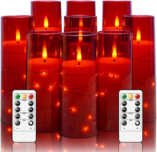 Flameless LED Candles with Timer 9 Pc Flickering Flameless Candles for Romantic Ambiance and Home Decoration Stable Acrylic Shell,with Embedded Star String，Battery Operated Candles（Red）