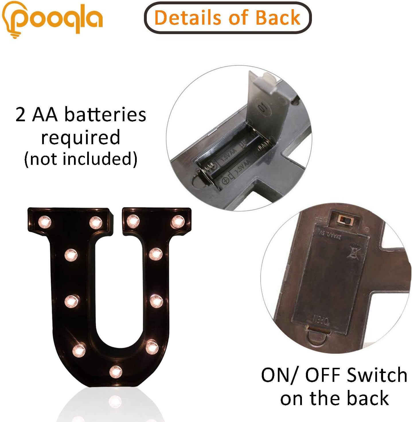 Decorative LED Illuminated Letter Marquee Sign - Alphabet Marquee Letters with Lights For Wedding Birthday Party Christmas Night Light Lamp Home Bar Decoration U, Black