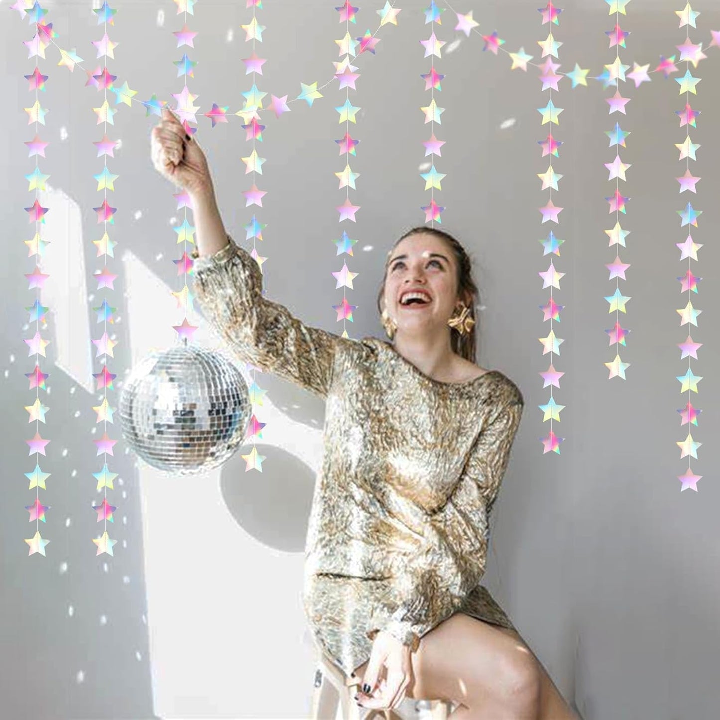 Iridescent Disco-Holographic Party-Decorations Christmas Garland - 62ft Twinkle Little Star Streamers Hanging Banner,Wedding Birthday Bachelorette Baby Bridal Shower Decor Hugtmr