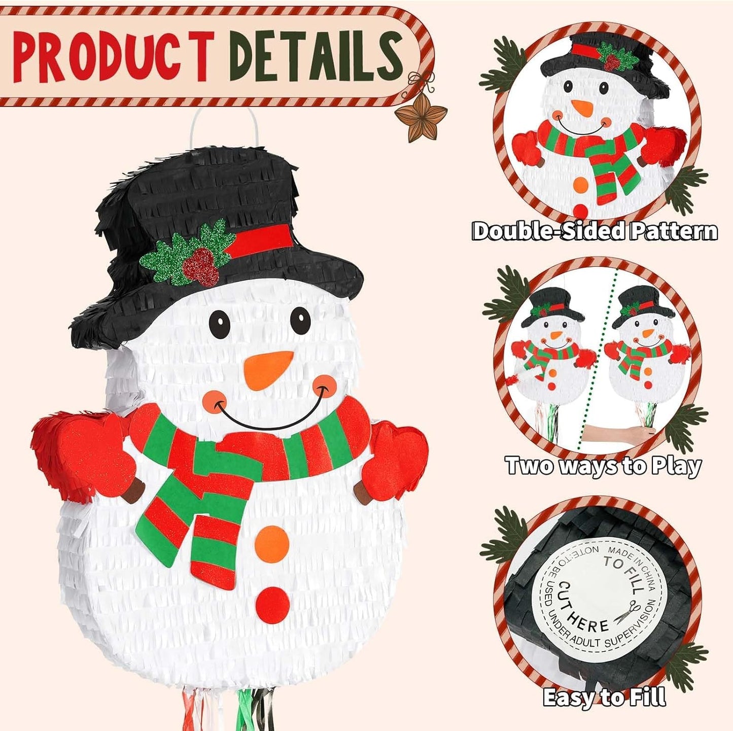 WERNNSAI Christmas Snowman Pinata - Christmas Decorations Snowman Party Game for Kids Merry Xmas Party Decor Supply Winter Festival Gift Favor White Snowman Pinata Large Pull String with Blindfold Bat
