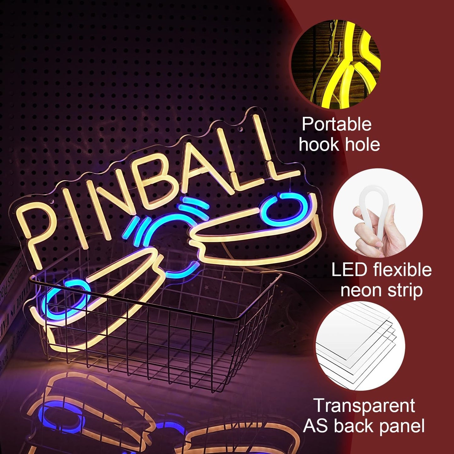 Pinball Neon Sign USB Powered Pinball Neon Light for Wall Decor Dimmable LED Pinball Light Up Sign for Game Room Club Man Cave Neon Signs Decor Birthday Party Gift(16.7 * 9In)