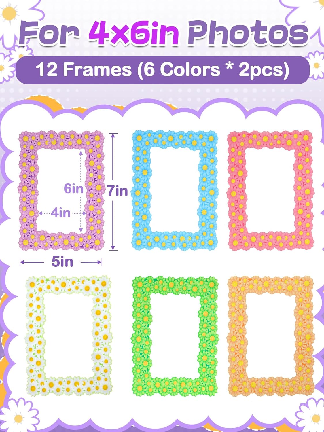 ANPHSIN 12Pcs Magnetic Picture Frame for 4x6in Photo - Cute Magnets Frames Fridge Decor Gifts for Girls Women, Home Refrigerator, Back to School Locker, Classroom Decorations Supplies, Daisy