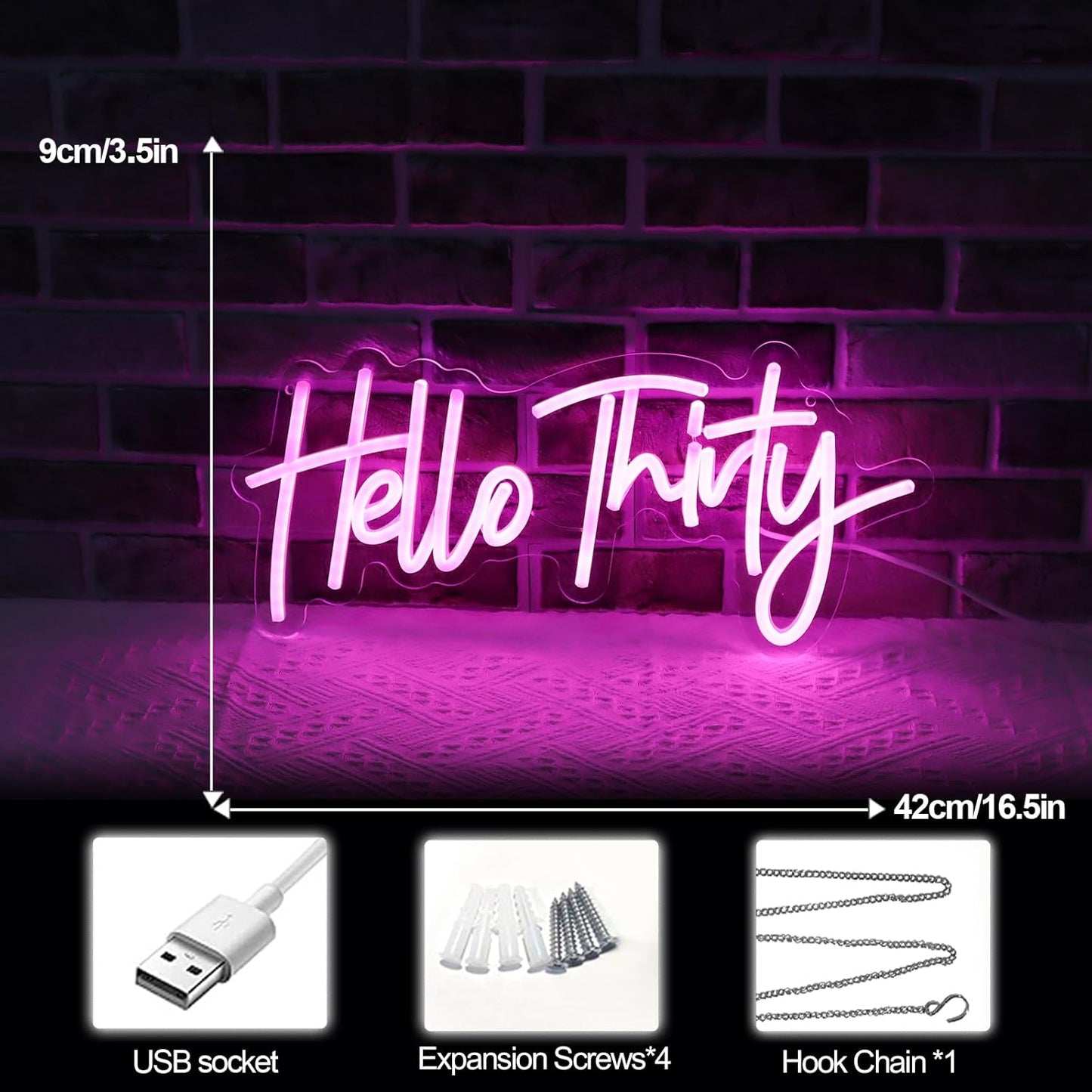 Pink Hello Thirty Neon Sign for Wall - 30th Birthday Gifts for Women Party Photo Background - Hanging Light for Wedding Anniversary Party Decor