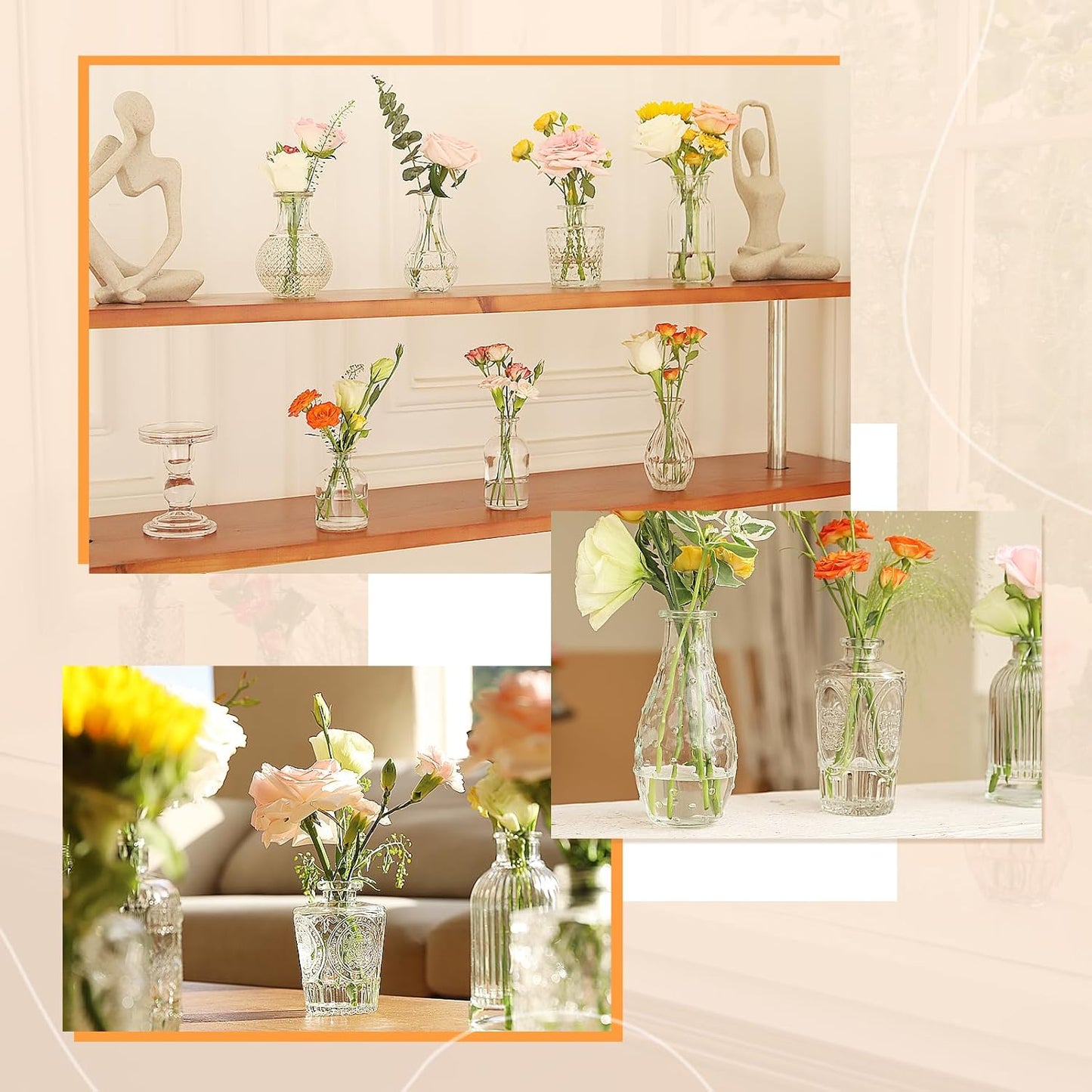 65PCS Glass Bud Vase Set, Different Small Vases for Flowers, Clear Centerpieces, Mini in Bulk Rustic Wedding Decorations, Vintage Look Home Table Flower Decor