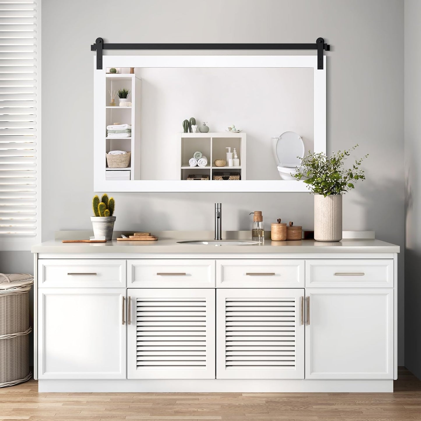 COGOOD Farmhouse Bathroom Mirror - 49 x 30 Large Rectangle Barn Door Mirror for Vanity, Bedroom, Living Room Wall Decor (Pure White)