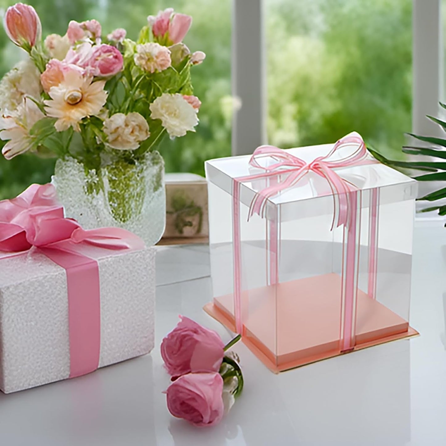 XININSUN pink clear cake box with ribbon,6inch 8inch cake boxes,transparent cake box cake carrier,Square Cardboard Cake Containers clear gift boxes for Wedding,Birthday,Party(6pcs)