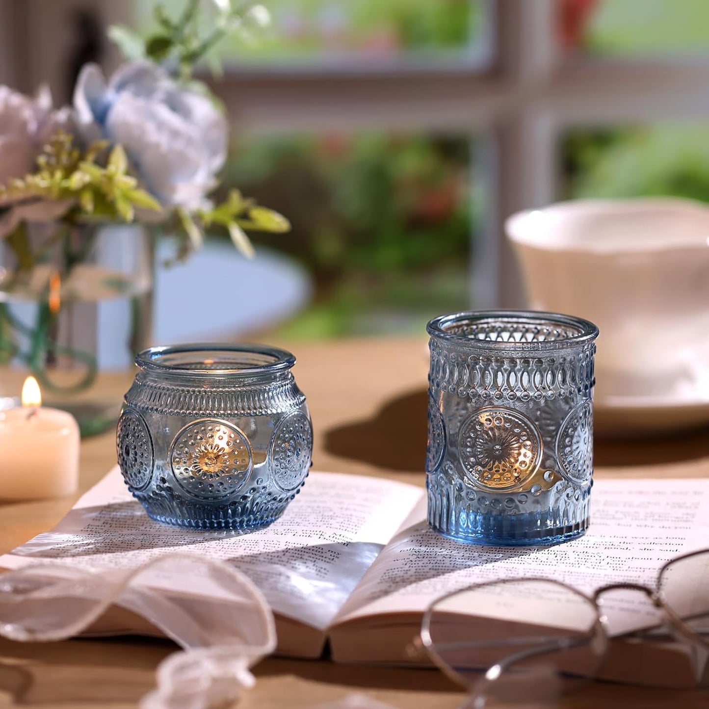 DARJEN 24 Pcs Blue Vintage Candle Holders - Bulk Glass Holders for Party & Wedding Decoration