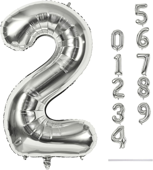 Silver Number Balloons, 40 inch Large Number 2 Foil Helium Balloons for Girls Women, Self Inflating Number Balloons 0-9 for Men Boys 2nd 12th 30th Birthday Anniversary Party Celebration Decoration