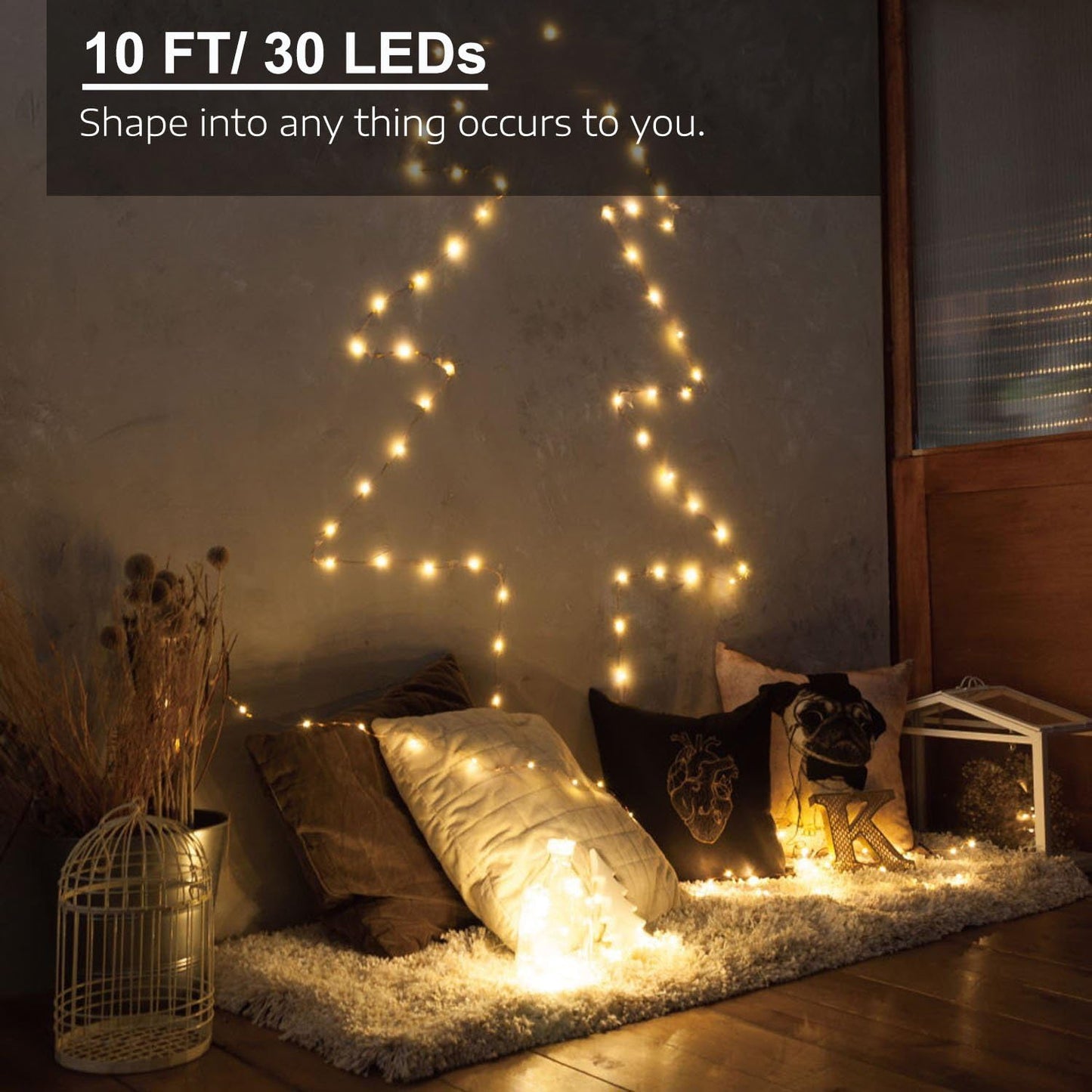 3 Pack Rechargeable String Fairy Lights 10ft 30 LED, 4 Modes Copper Wire Christmas Starry Lighting, Waterproof Micro Firefly Moon Light, Warm White, Battery and USB Cable Included