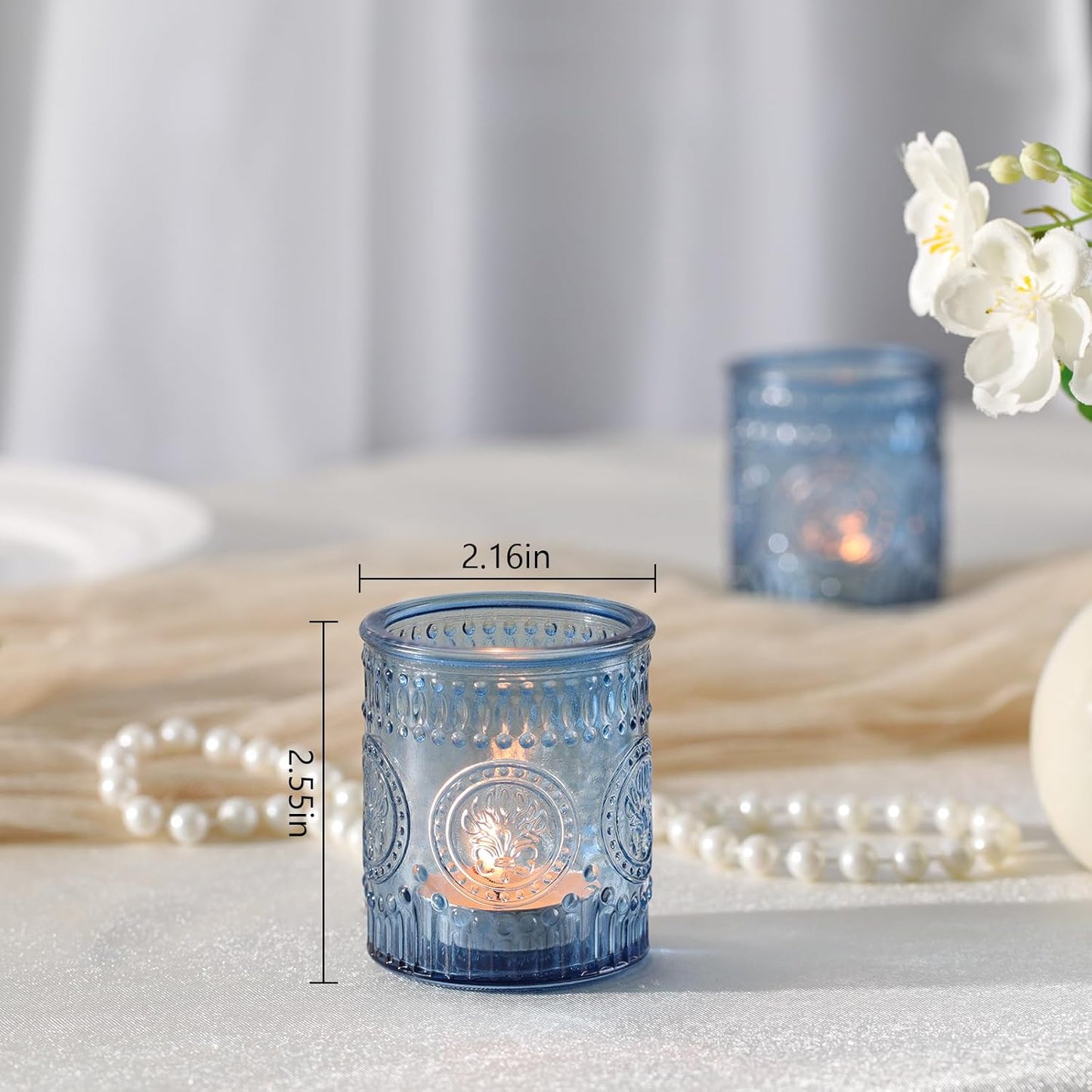 24 Pcs Blue Votive Candle Holders, Glass Tealight Candle Holders for Home Decor, Wedding Table Centerpiece, Birdal Shower, Party