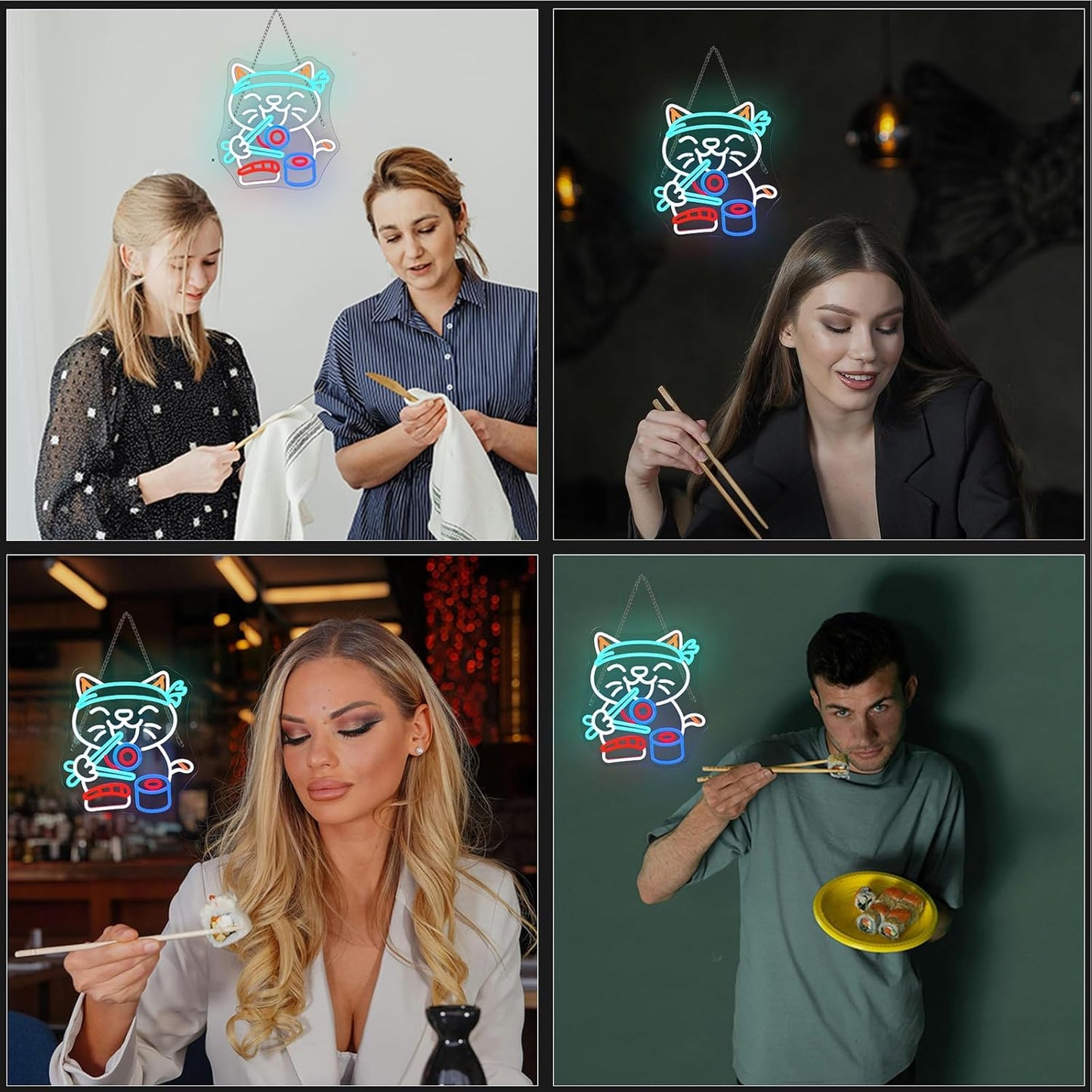 Wanxing LED Neon Sign for Wall Decor, Ramen Cat Eat Sushi Neon Light, USB Powered Dimmable, 5V/2A, 12.6"x13.8" for Home, Party, Gift, Office, Bedroom, Kitchen, Sushi Lover