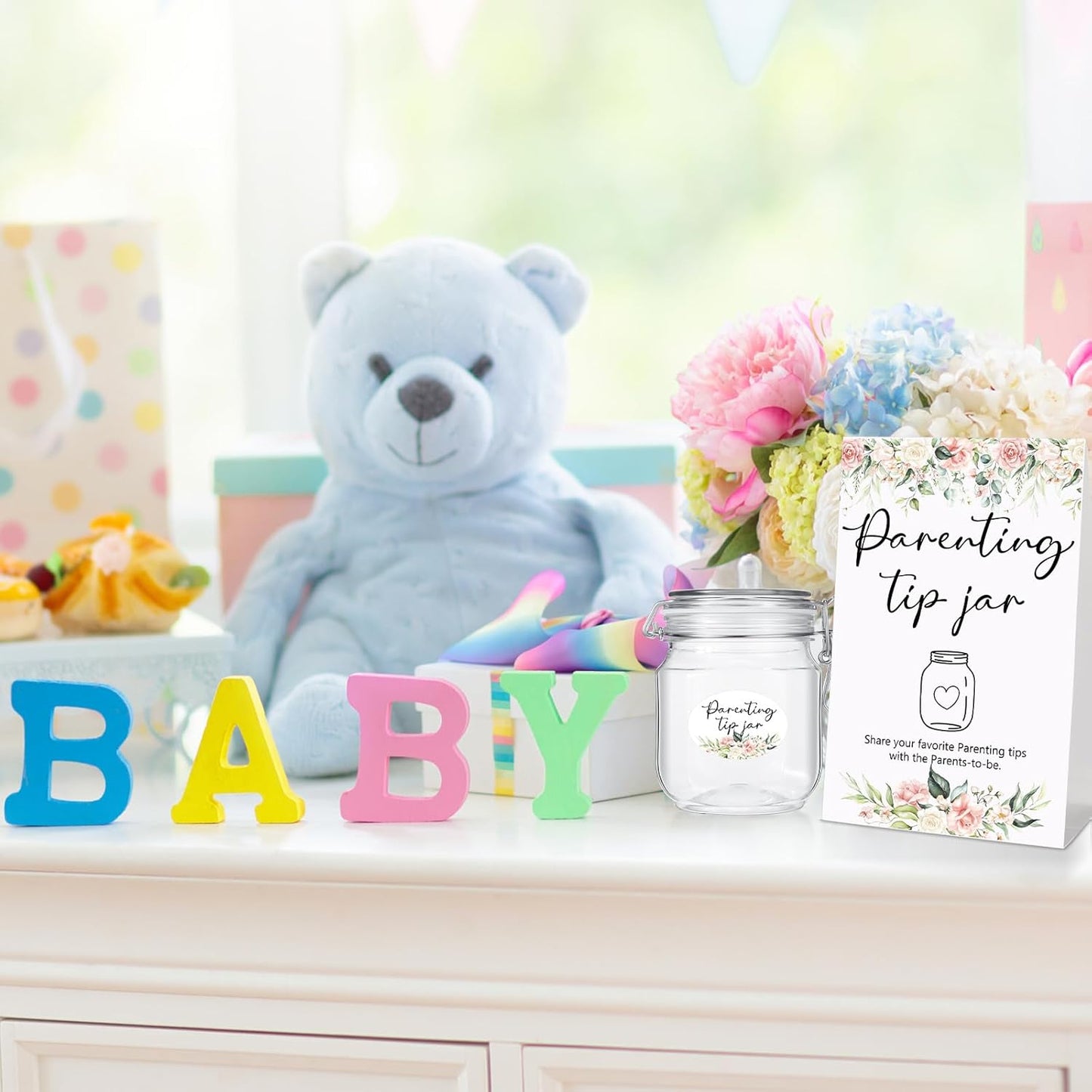 Roowest Baby Shower to Baby Advice Cards for New Parents to Be - Tip Jar Sign for New Parents 60 Parenting Advice Cards 10 HB Pencils 2 Cute Stickers 1 Pet Bottle for Guests Games(Flower)