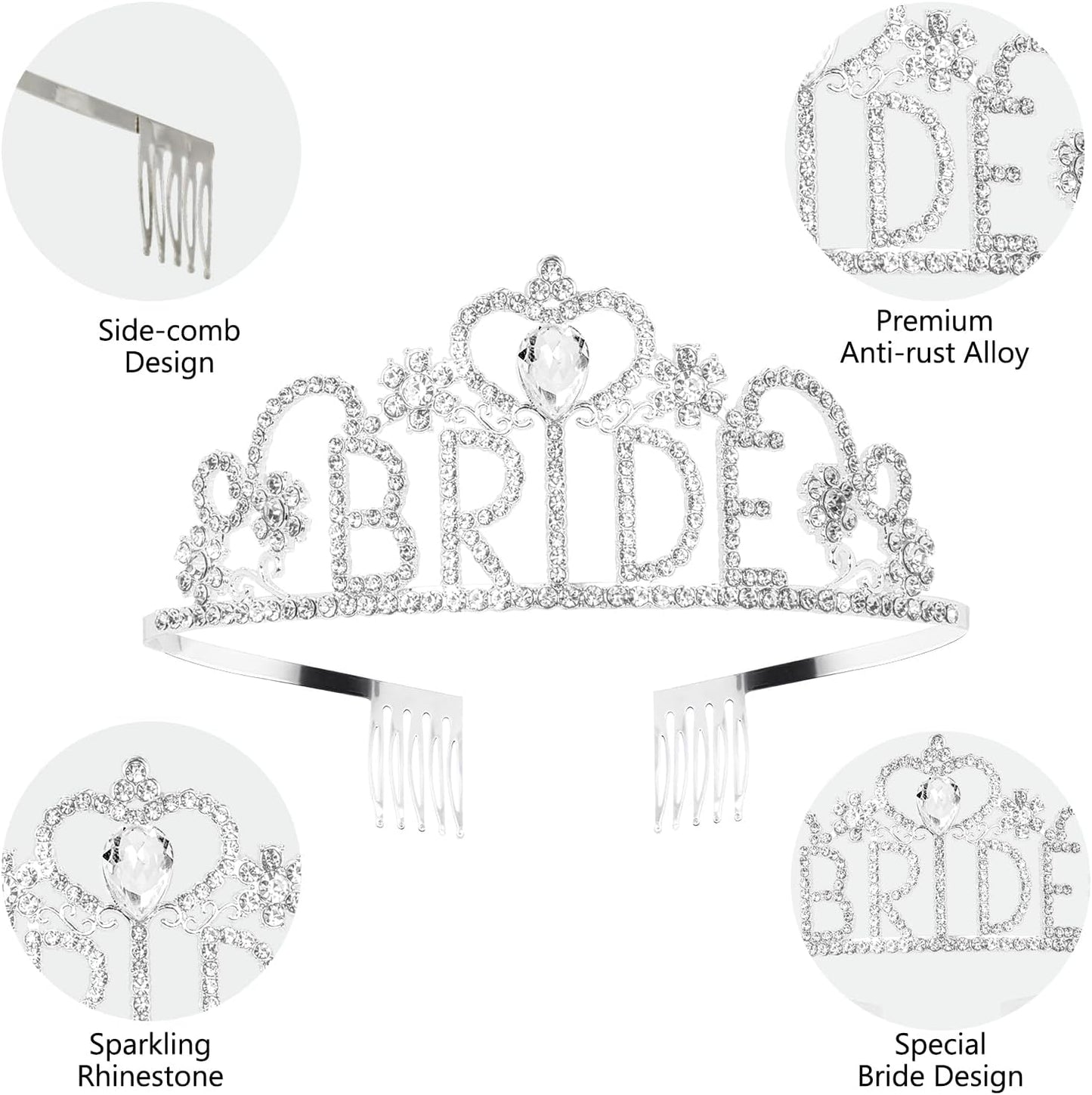 4 Pcs Bachelorette Party Decorations, BRIDE Crown,Pearl Bride Sash,White Bow Bride Veil,Bride Sunglasses for Women Bachelorette Party Gifts, Bridal Shower Supplies, Brides Accessories,Gifts, Favors