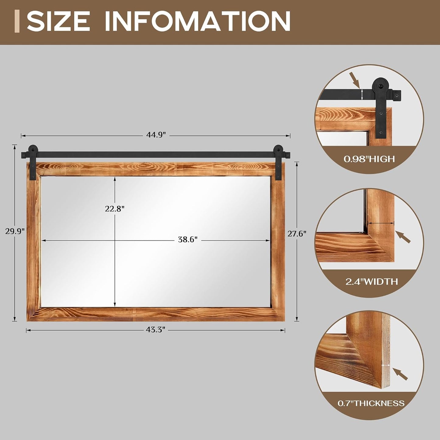 COGOOD Farmhouse Bathroom Mirror - 45 x 30 Large Rectangle Barn Door Mirror for Vanity, Bedroom, Living Room Wall Decor (Brown)