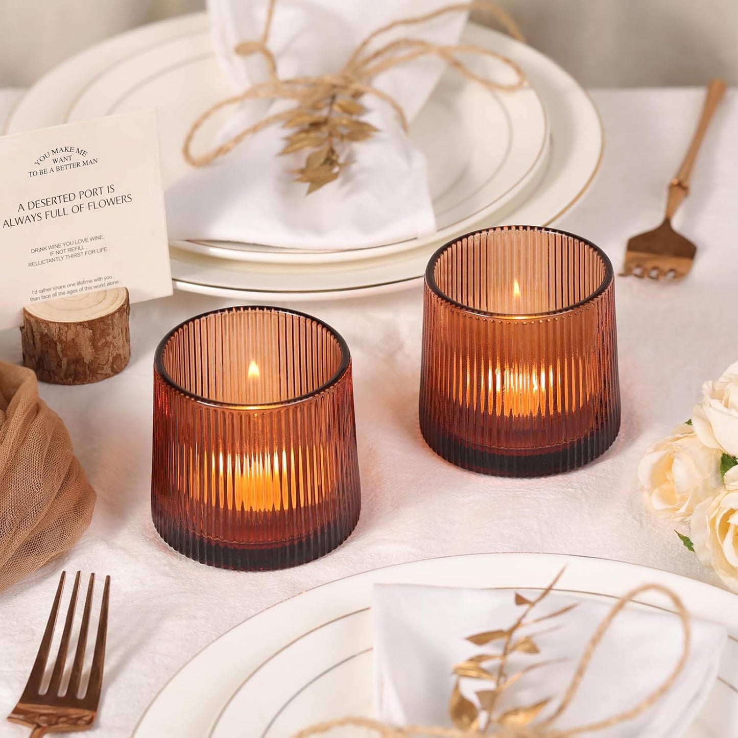 Amber Ribbed Tealight Votive Candle Holders- 6Pack Glass Candle Holders for Table Centerpiece, Home Decor, Wedding Decor, Party Dinner