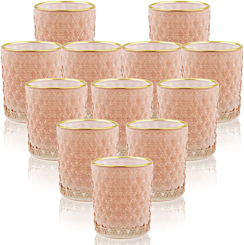 SHMILMH Pink Votive Candle Holders Set of 12, Vintage Glass Tealight Candle Holder with Gold Rim, Votives for Valentines Table Centerpiece, Wedding Decoration