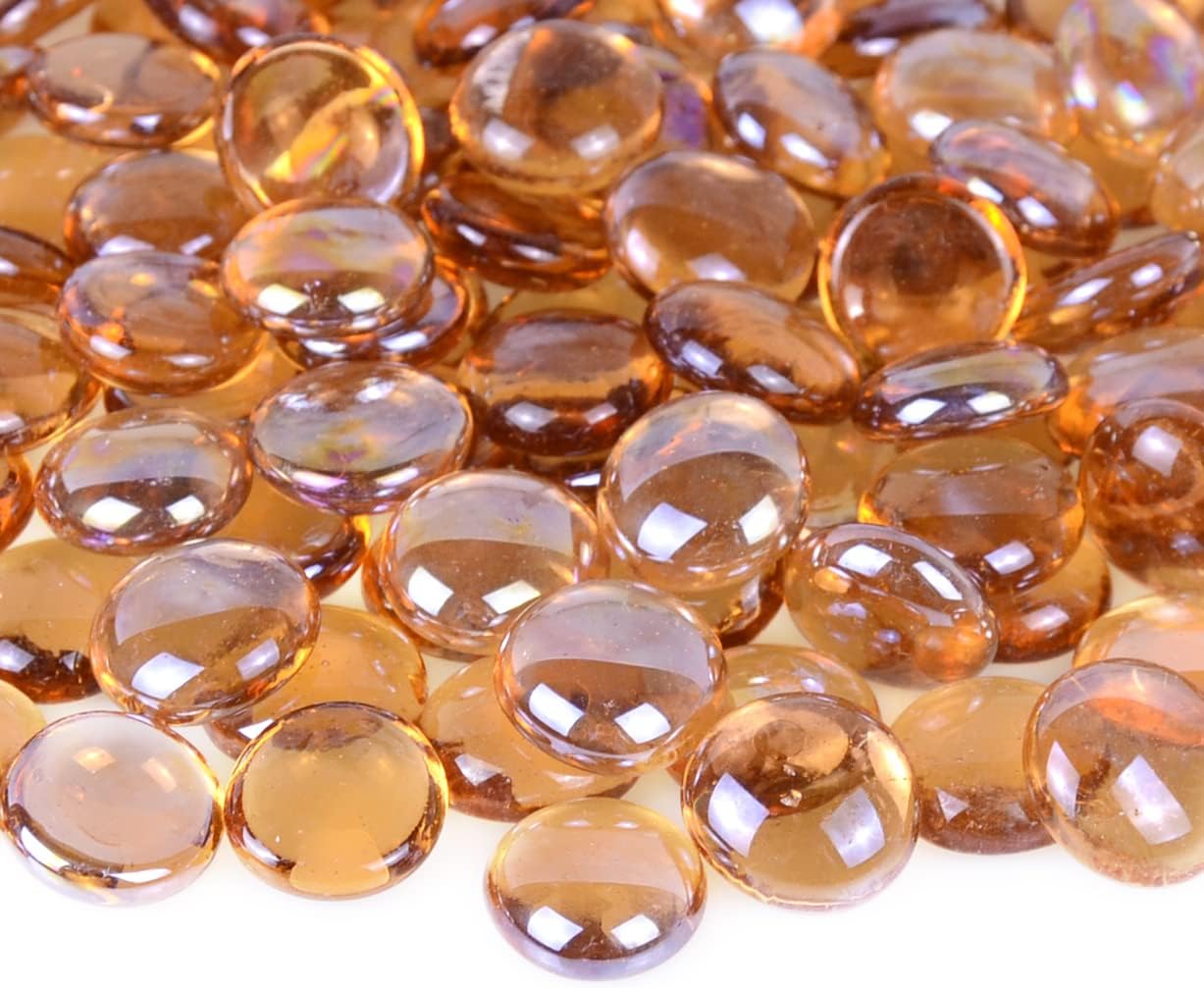 KINGOU Flat Glass Gems/Marbles/Stones/Beads for Vase Filler, Table Scatter, Games - 1 Lbs (17-19mm, Approx. 3/4")-Light Brown