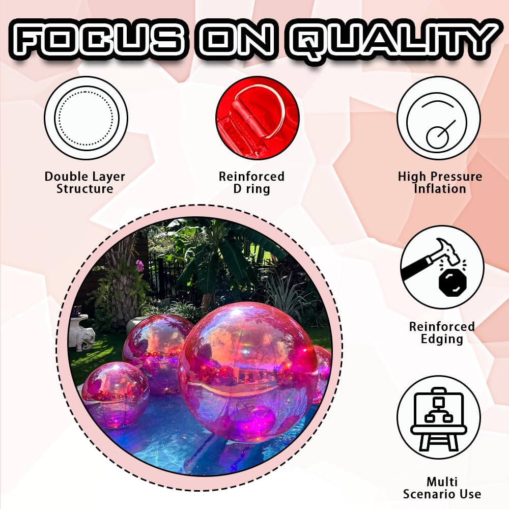 Inflatable Mirror Ball Set - Airtight PVC Spheres for Parties, Weddings, and Events. Perfect for Decoration, Hanging, and Displays. Includes Electric Pump (Rose red, 24in-2pk_32in_39in_47in_71in)