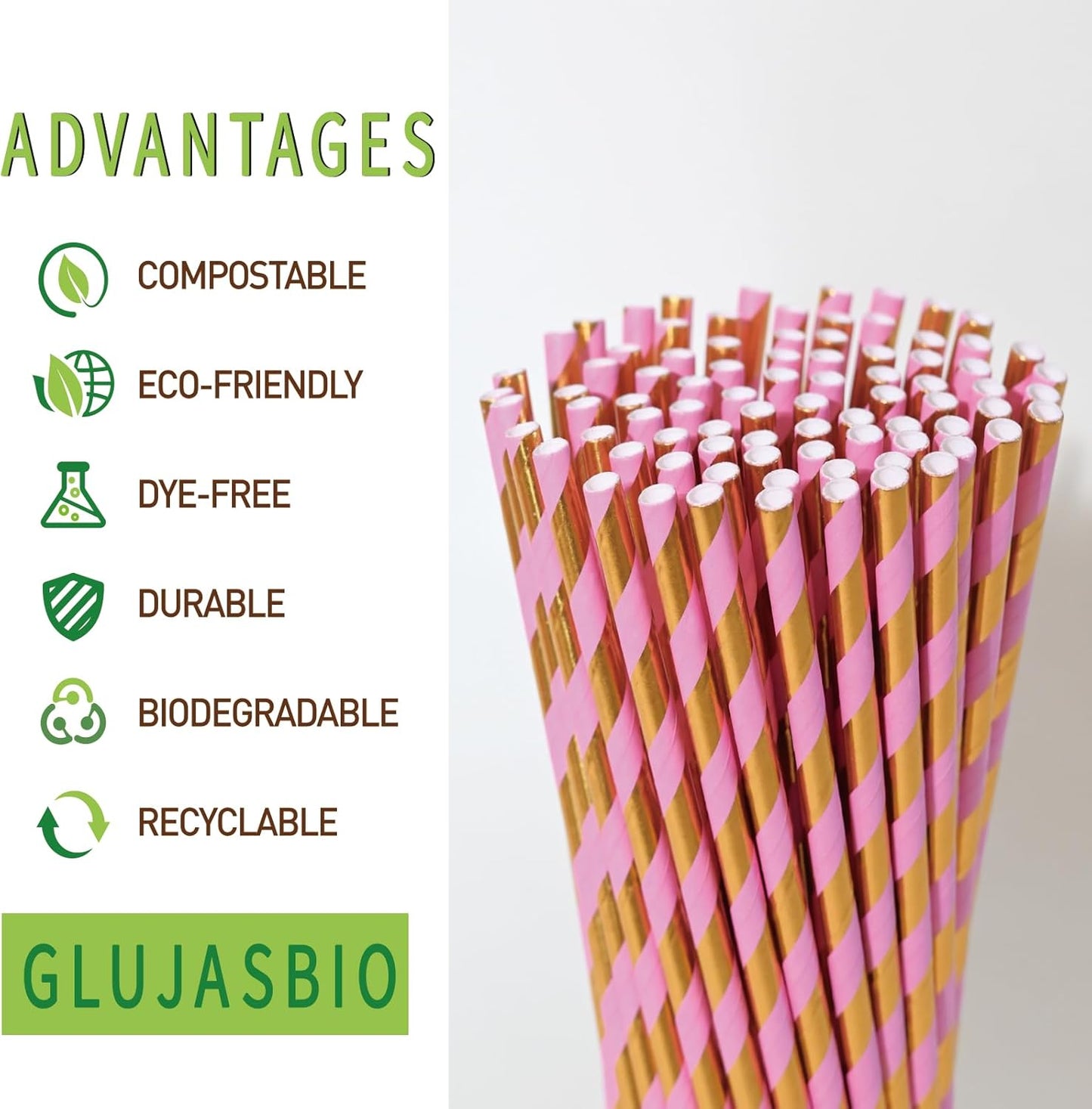 Paper Straws for drinking - Pink Gold Striped Biodegradable Disposable Paper Straws, 7.75 Inch, 100 Pieces