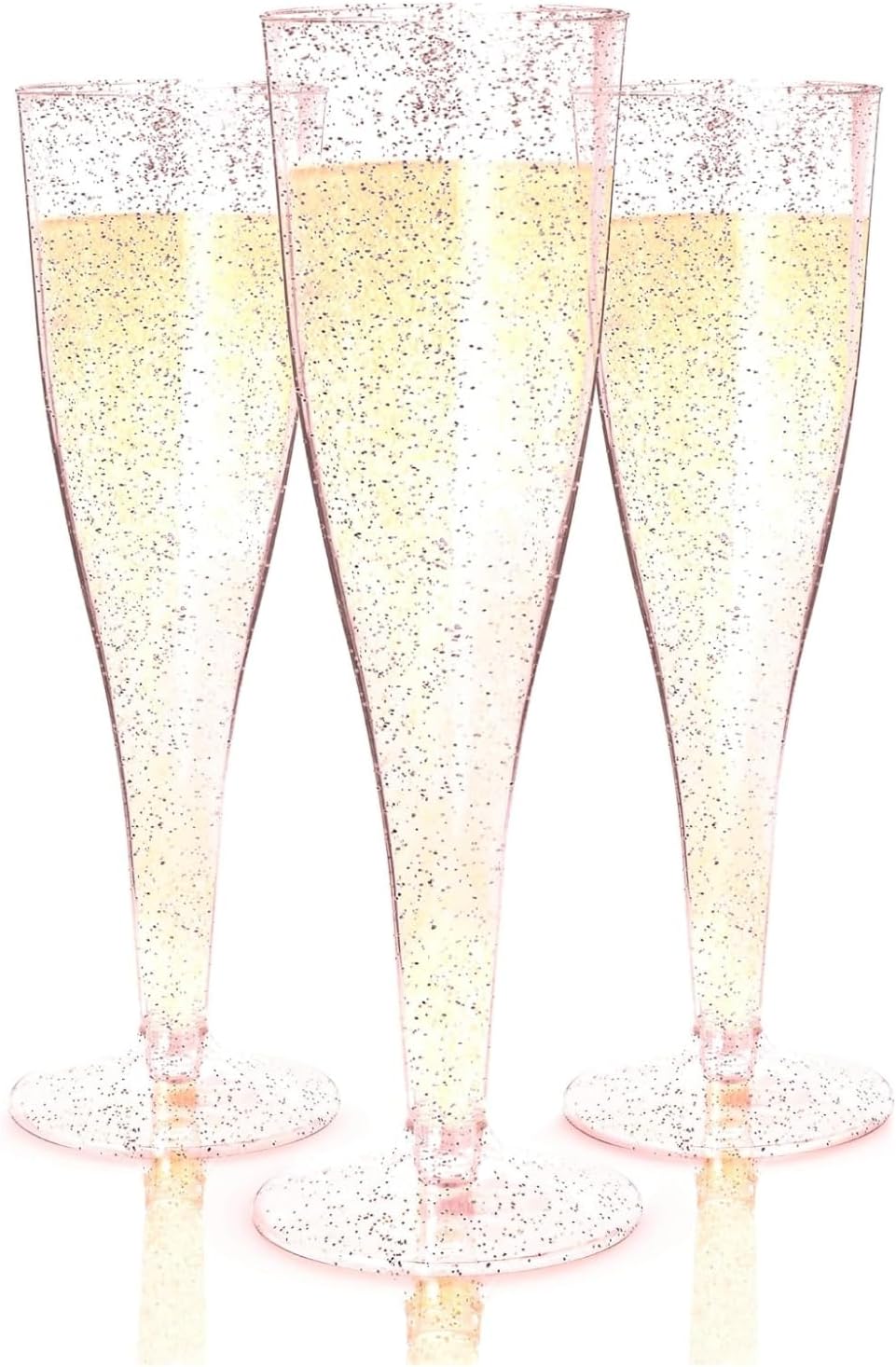 Prestee 24 Piece Plastic Champagne Flutes - 4.5 oz Plastic Wine Glasses with Rose Gold Glitter - Cocktail Glasses for Parties - Party Supplies for Mimosa Bar, Wedding, Shower Party and New Years Eve