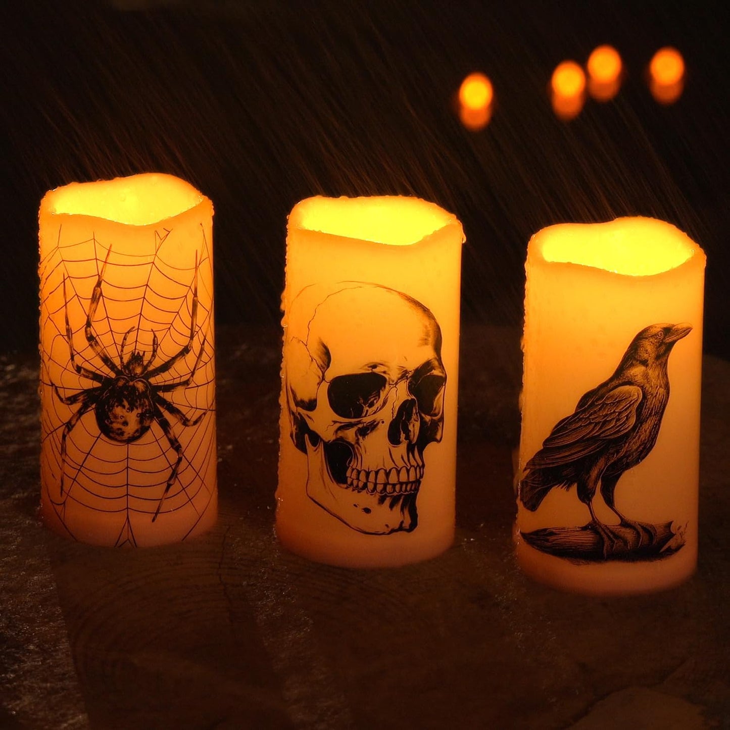 Homemory Halloween Candles, Color Changing Flameless Candle, Battery Opeated Candle, Outdoor Waterproof Plastic Candle with Remote and Timers, Skull, Crow, Spider, 13 Colors, Set of 3
