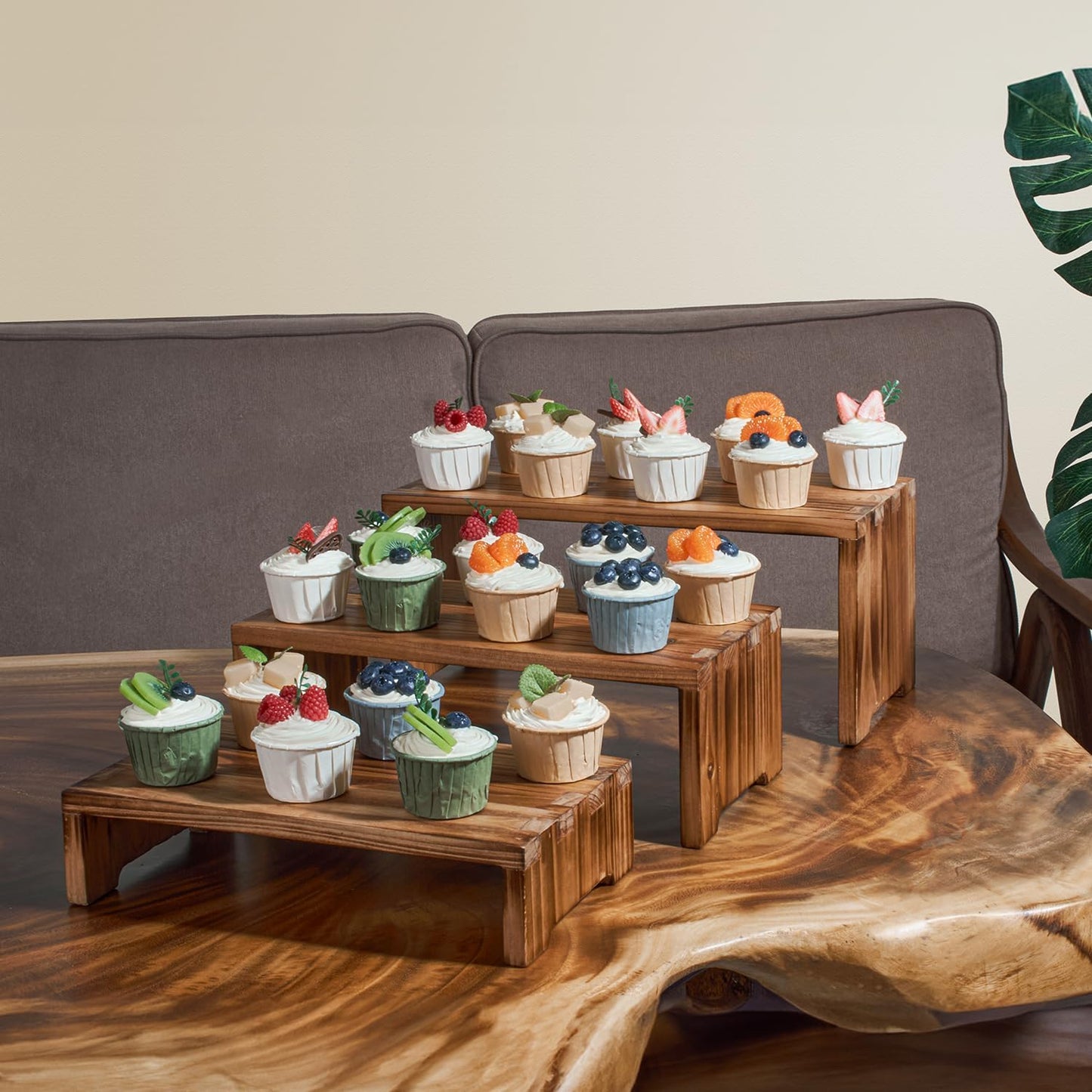 Set of 3 Wooden Rustic Cupcake Stand for 24 Cupcakes, Stepped Wood Display Stand for Weddings, Tiered Party Buffet Table Display Nesting Riser for Food , Dessert, Cookie, Craft Show, Burnt