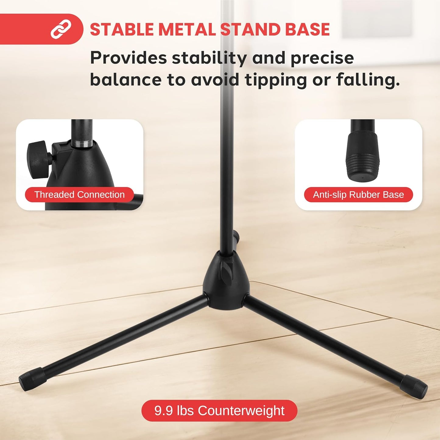 Pyle Tripod Mic Stand, Adjustable Gooseneck Microphone Stand, Sturdy Build, Non-Slip Rubber Feet, Folds Flat for Compact Storage, Includes Mic Clip & 5/8" Adapter, 52.36" to 79.13" Inch