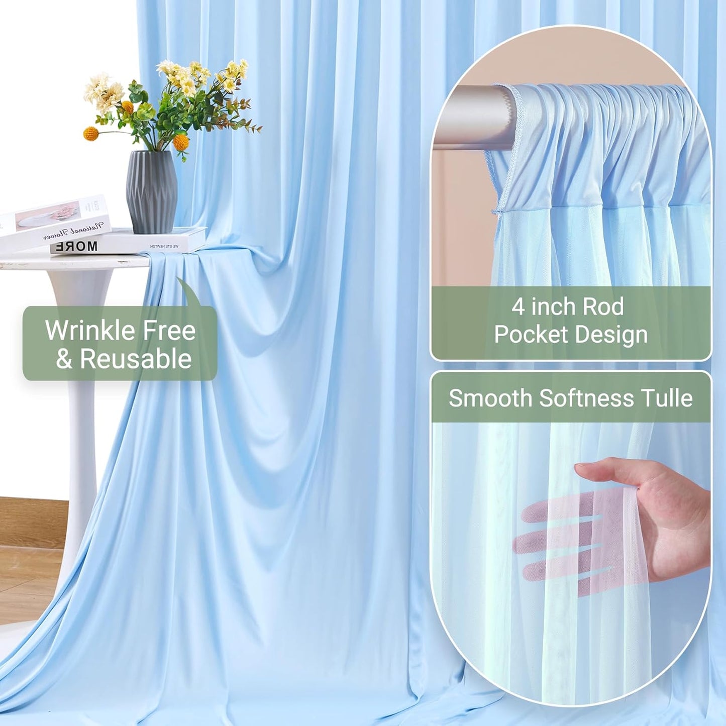 Baby Blue Tulle Backdrop Curtain for Parties Wedding,5ft x 10ft Wrinkle Free Curtain Backdrop,2 Layer Drapes for Backdrop,Polyester Back Drop for Bridal Shower Birthday Baby Shower Photography