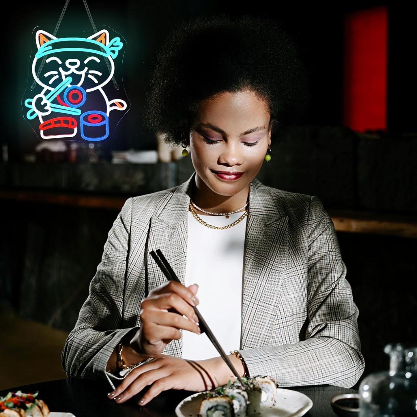 Wanxing LED Neon Sign for Wall Decor, Ramen Cat Eat Sushi Neon Light, USB Powered Dimmable, 5V/2A, 12.6"x13.8" for Home, Party, Gift, Office, Bedroom, Kitchen, Sushi Lover