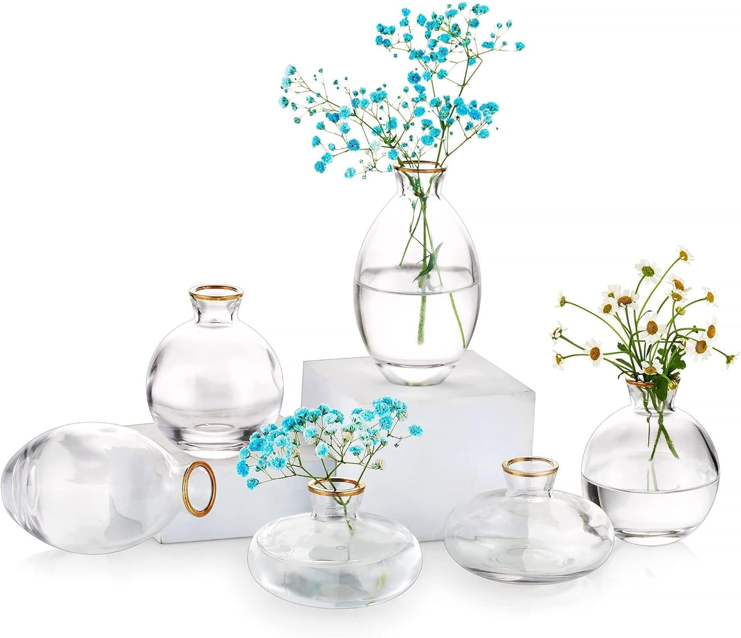 Glass Bud Vase for Centerpieces, 6Pcs/2Sets Glasseam Modern Gold Rim Mini Small Vases for Flowers Bulk Flower Vase Set Aesthetic Cute Handmade Tiny Short Wedding Table Centerpiece Decor