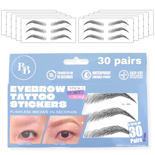 Bliss and Beyond USA Eyebrow Tattoo Stickers Waterproof – 30-Pair Deluxe Box | Realistic Hair-Like Temporary Brows for Alopecia, Cancer, and Hair Loss (Black, Natural Los Angeles)