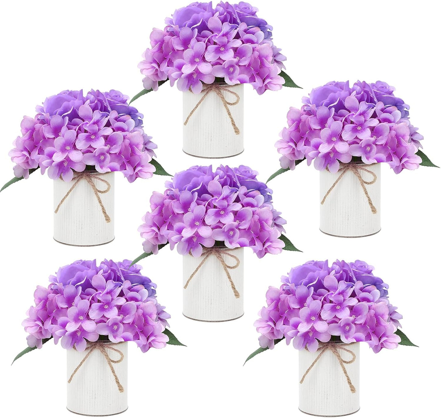 Flower Table Centerpieces - Set of 6 Floral Arrangement Artificial Wedding Hydrangeas Floral Arrangement with Rustic Metal Vase for Bridal Tea Party Event Decorations - Purple