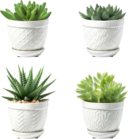 Sureasy Succulent Pots, 3.5 Inch Flower Pots for Indoor Plants, Small Plant Pots with Saucer & Drainage, Decorative Ceramic Planters for Succulent, Cactus, Set of 4, White