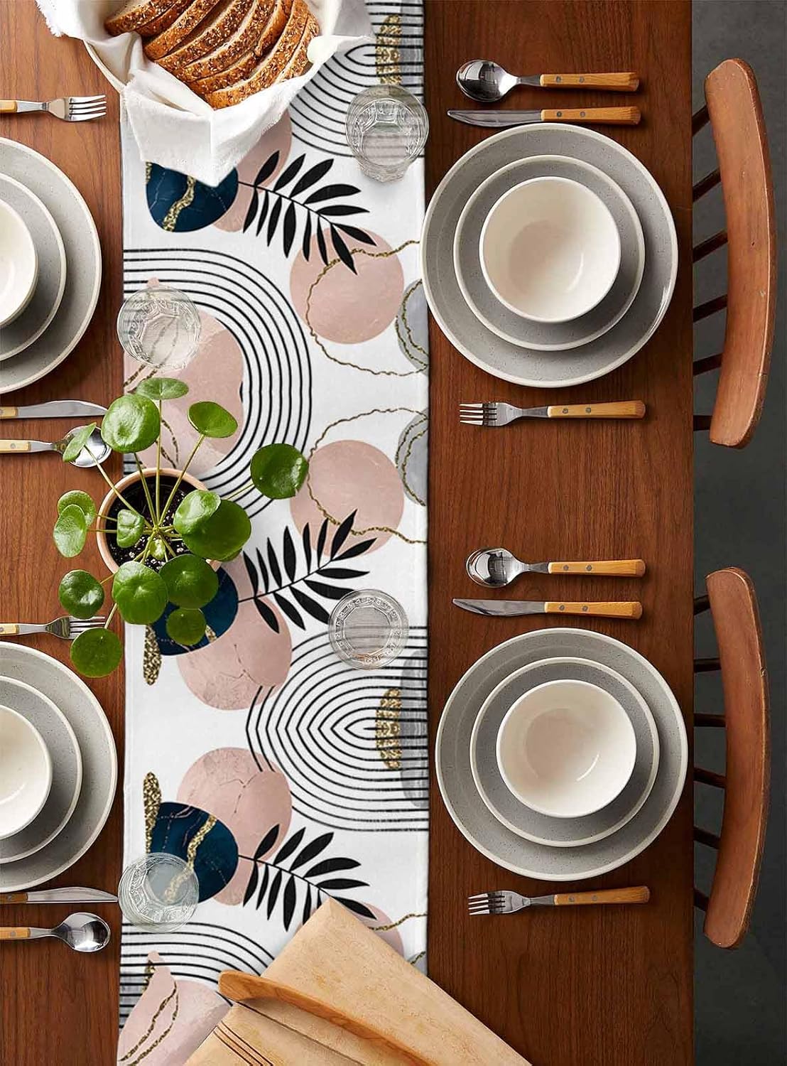 Modern Boho Cotton Linen Table Runner for Dining Kitchen, Wedding Outdoor Party Tablerunners Decoration, Abstract Bohemian Tropical Palm Leaf Dresser Scarf Coffee Tablecloth Runners 13x60 Inches