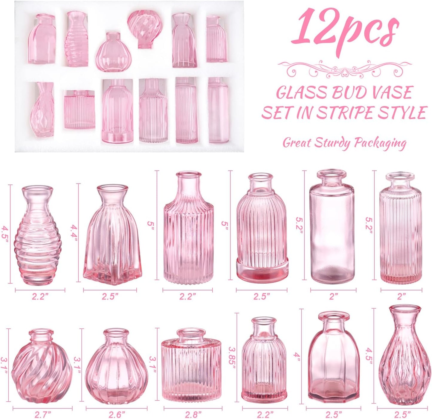 Pink Vase, Bud Vases Set of 12, Small Pink Glass Vases for Flowers Modern Ribbed Glass Bud Vase for Decor Wedding Flower Vase in Bulk Vintage Decor Bridal Shower Centerpieces Home Table Decoration