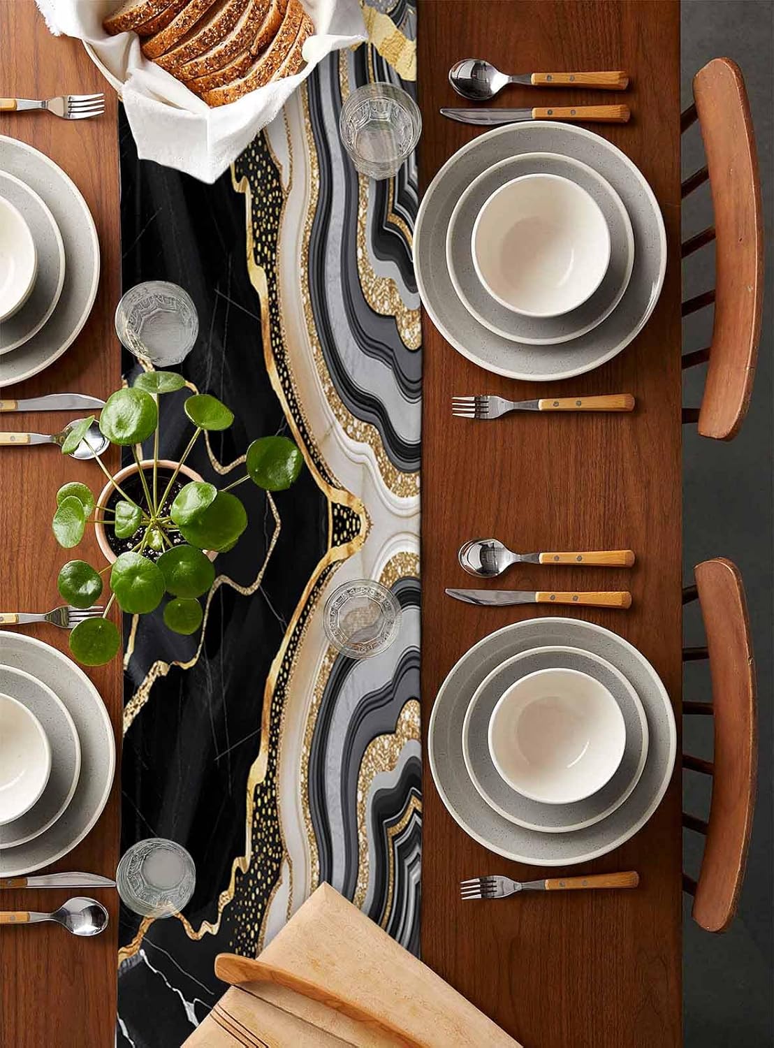 Geometric Black Marble Cotton Linen Table Runner for Dining Kitchen, Wedding Outdoor Party Tablerunners Decoration, Farm Marble Liquid Ripple Abstract Dresser Scarf Coffee Tablecloth Runners 13''x36''